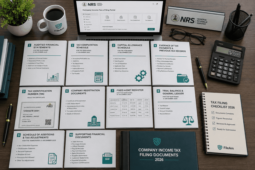 Flat lay of the documents required when filing Company Income Tax in Nigeria, including audited financial statements, tax computation schedules, TIN certificate, company registration documents, and supporting financial records.