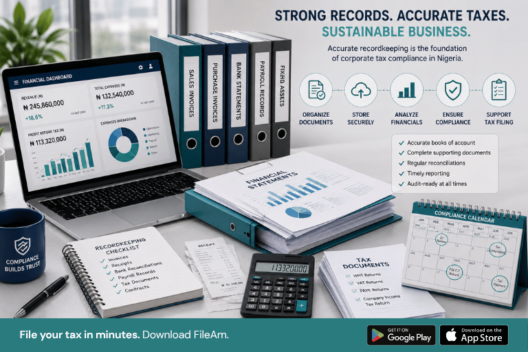 Promotional graphic highlighting the importance of business recordkeeping for tax compliance in Nigeria. The headline reads "Strong Records. Accurate Taxes. Sustainable Business." with the subheading emphasizing that accurate recordkeeping is the foundation of corporate tax compliance. A laptop displays a financial dashboard with revenue, expenses, profit, and charts, surrounded by organized office materials including labeled binders for sales invoices, purchase invoices, bank statements, payroll records, and fixed assets, a stack of financial statements, a recordkeeping checklist notebook, receipts, a calculator, tax documents, and a compliance calendar. A row of icons illustrates key recordkeeping practices: organize documents, store records securely, analyze financials, ensure compliance, and support tax filing. A checklist reinforces best practices, including maintaining accurate books of account, keeping supporting documents, performing regular reconciliations, ensuring timely reporting, and staying audit-ready at all times. The footer features the call to action: "File your tax in minutes. Download FileAm." alongside Google Play and Apple App Store download badges.