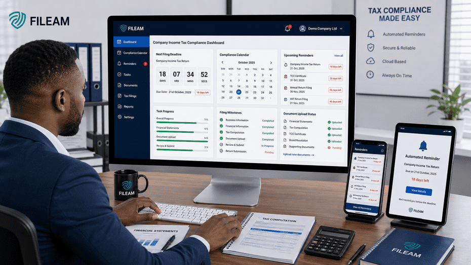 Modern company income tax reminder app displaying automated tax reminders, compliance calendar, filing milestones, deadline tracking, and digital tax management dashboard.
