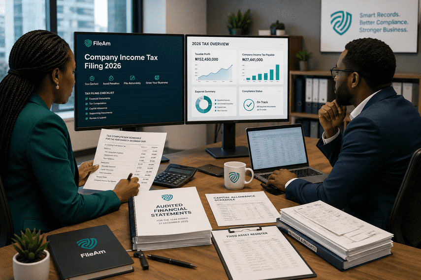 Nigerian finance professionals reviewing the documents required when filing Company Income Tax in Nigeria, including financial statements, tax computation schedules, invoices, and compliance records.