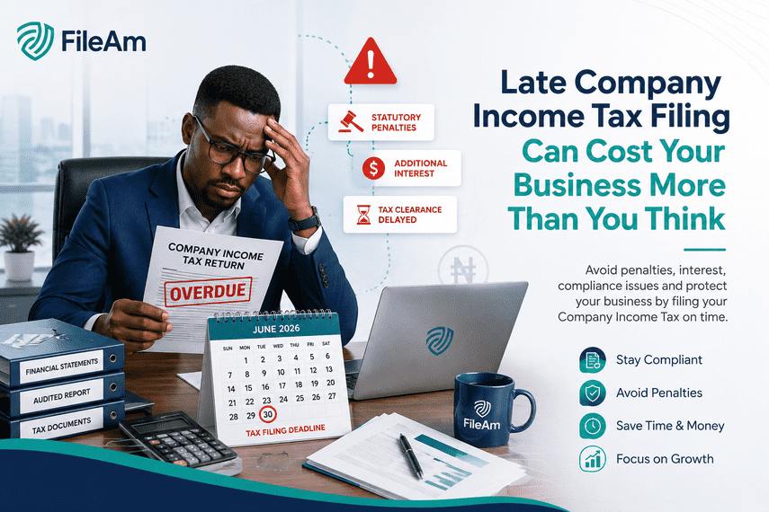 Business owner facing Company Income Tax late filing penalties in Nigeria while reviewing tax documents before the filing deadline.