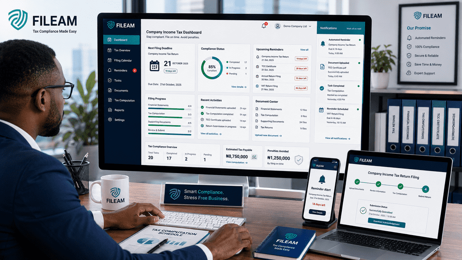 Business owner using FileAm company income tax compliance software with automated tax reminders, compliance dashboard, digital document management, and tax filing checklist.