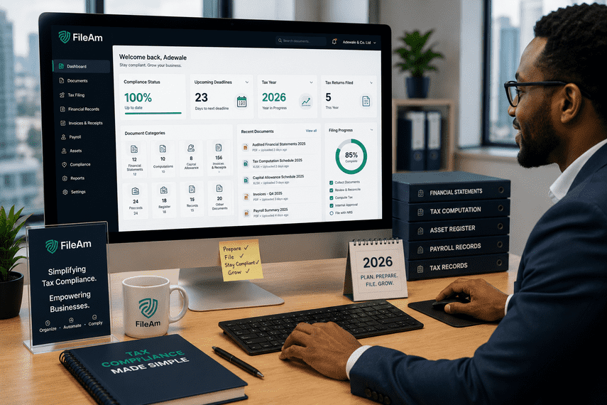 Business owner using the FileAm digital compliance platform to organize the documents required when filing Company Income Tax in Nigeria, including financial statements, payroll records, invoices, and tax documents.