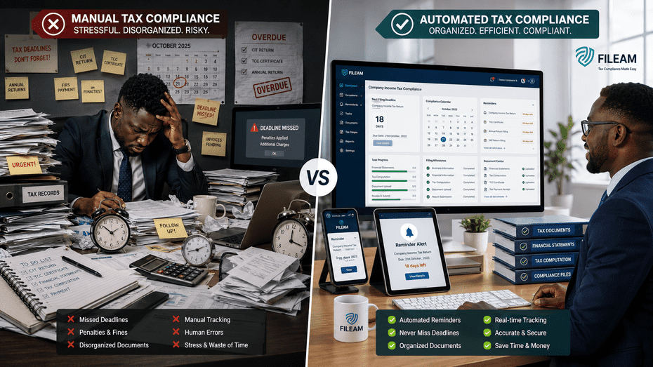 Comparison between manual tax deadline tracking using paper files and spreadsheets versus automated company income tax filing reminders with digital compliance software.