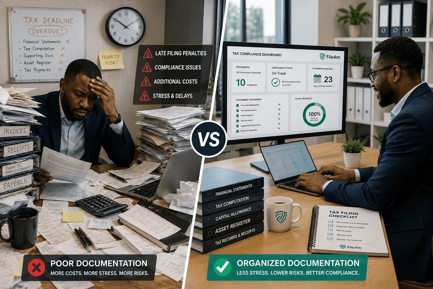 Comparison showing poor documentation causing Company Income Tax filing delays versus organized digital financial records improving tax compliance and reducing filing risks.