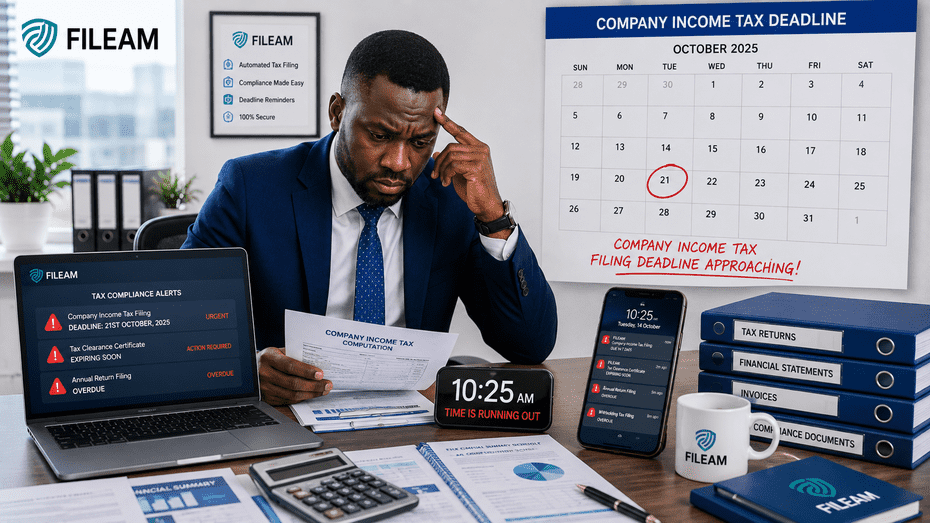 Nigerian business executive reviewing an approaching Company Income Tax filing deadline with overdue tax reminder notifications and financial documents on an executive desk.