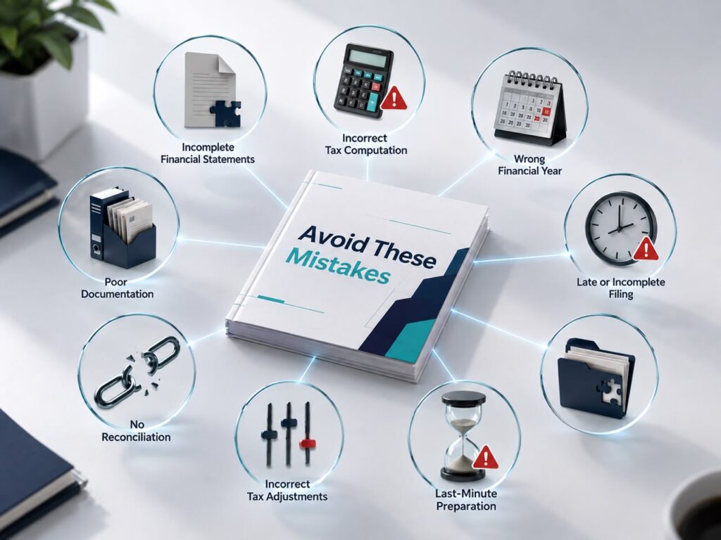 Infographic illustrating common mistakes in corporate annual return tax in Nigeria, highlighting key compliance errors businesses should avoid, including incomplete financial statements, incorrect tax computation, using the wrong financial year, late or incomplete filing, poor documentation, lack of financial reconciliation, incorrect tax adjustments, and last-minute preparation. The central "Avoid These Mistakes" guide is surrounded by icons representing each filing error, emphasizing accurate recordkeeping, timely tax compliance, and successful corporate tax filing in Nigeria.