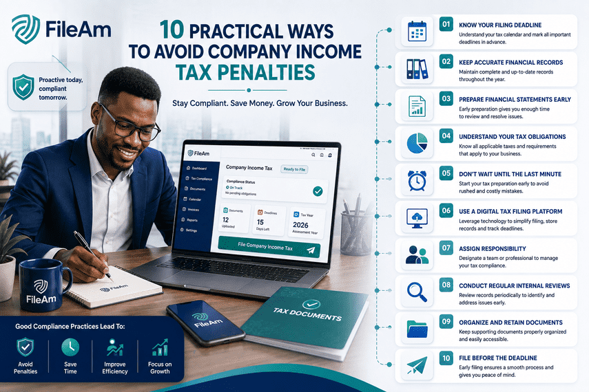 Finance manager using a digital checklist to prepare Company Income Tax returns and avoid late filing penalties in Nigeria.